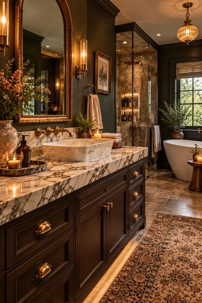 Elegant vintage moody bathroom featuring a veined marble vanity, aged brass hardware, traditional faucet, dark walls, framed mirror, warm lighting, modern cabinetry, and luxury decor.