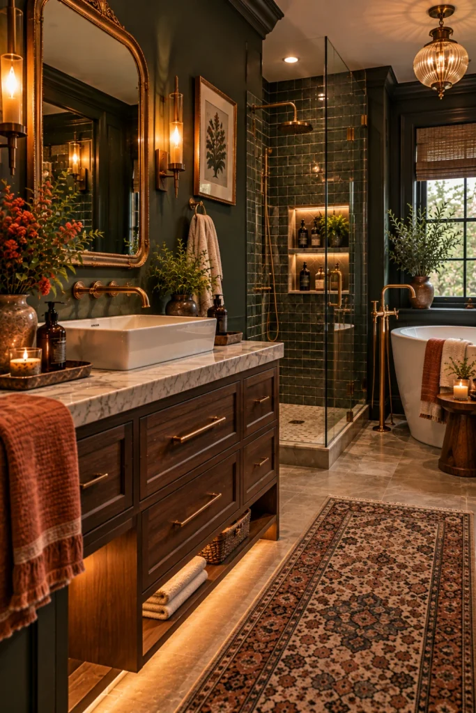 Modern vintage bathroom blending contemporary plumbing and storage with a vintage mirror, traditional sconces, classic tile, natural wood vanity, deep wall color, and brass details.