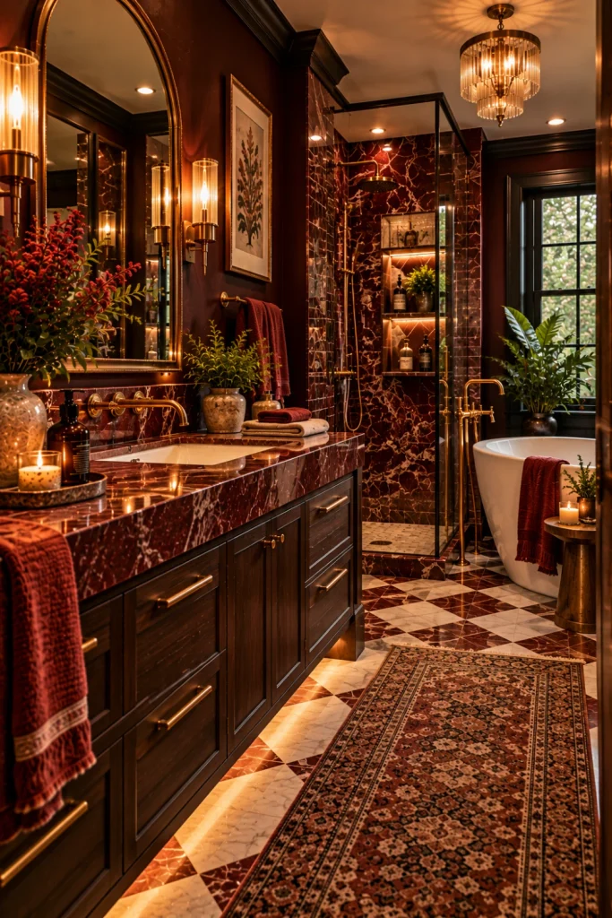 Dramatic vintage moody bathroom with rich red marble, geometric Art Deco tile, curved mirror, brass hardware, sculptural lighting, modern vanity, and elegant freestanding bathtub.