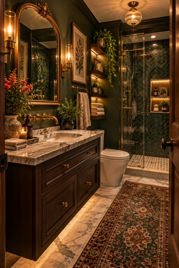 Small luxury vintage moody bathroom styled like a jewel box with dark walls, patterned tile, antique-style mirror, wall-mounted vanity, brass fittings, warm lighting, and modern storage.