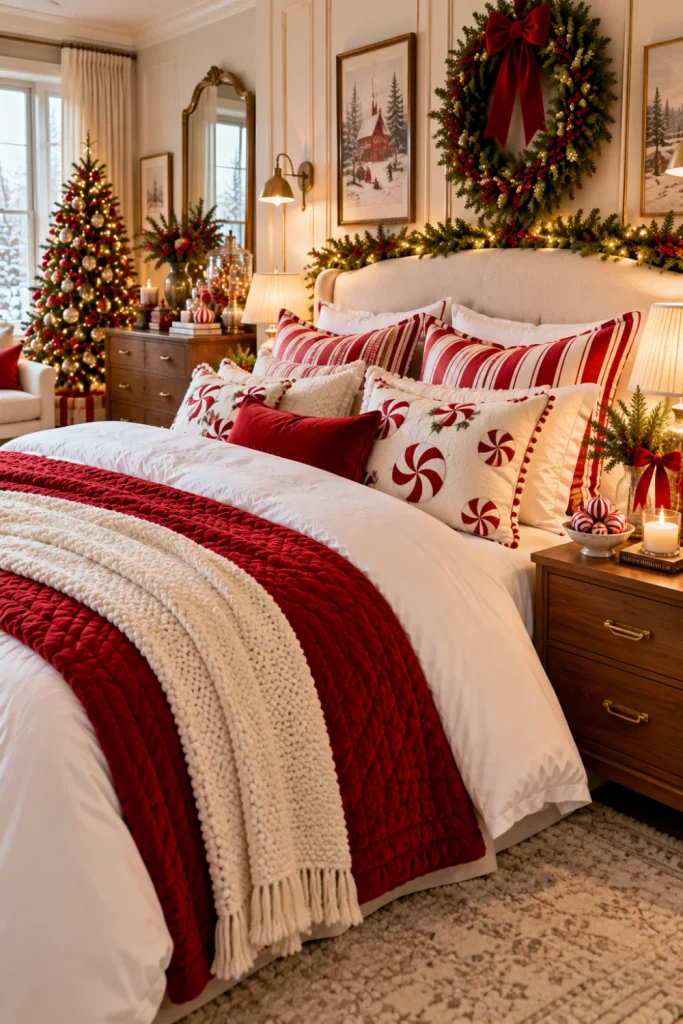 Cozy Christmas bedroom decor ideas for a festive retreat featuring vintage peppermint ornaments, retro candy cane bedding, nostalgic red-and-white patterns, an upholstered headboard, antique-inspired accessories, and elegant modern bedroom styling.