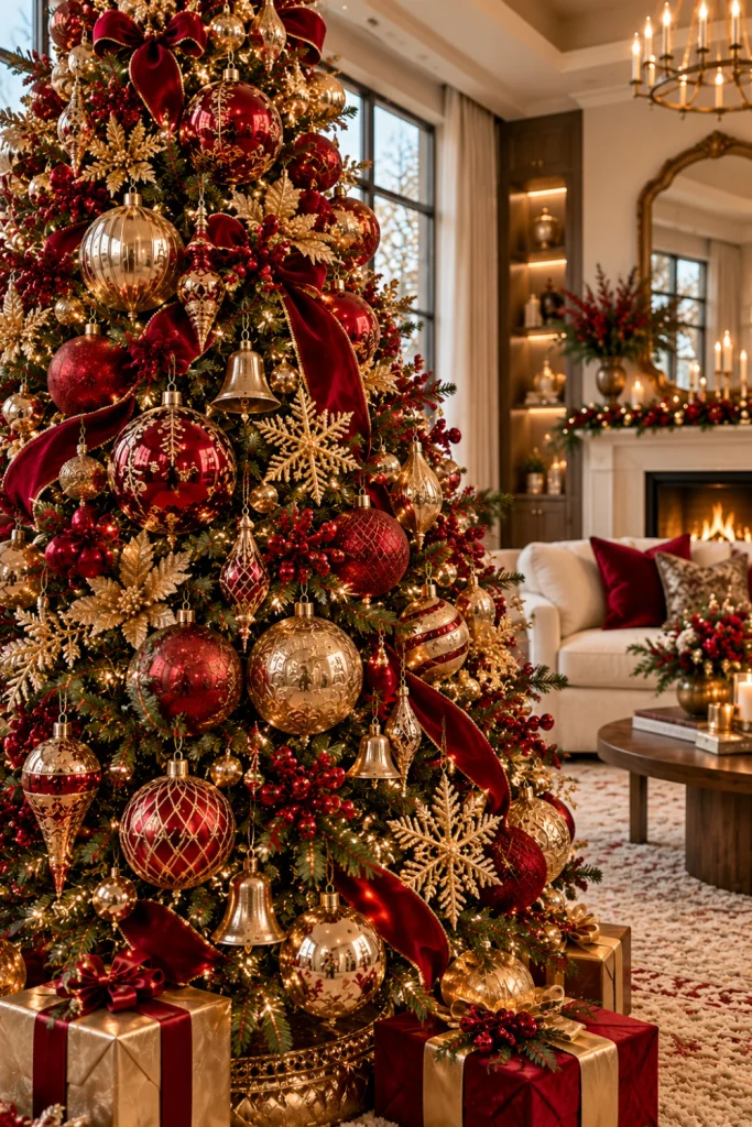 Vintage red and gold Christmas tree ideas featuring ruby glass baubles, antique gold filigree ornaments, traditional finials, red velvet ribbon, warm lights, and an elegant modern living room with walnut furniture and cream decor.