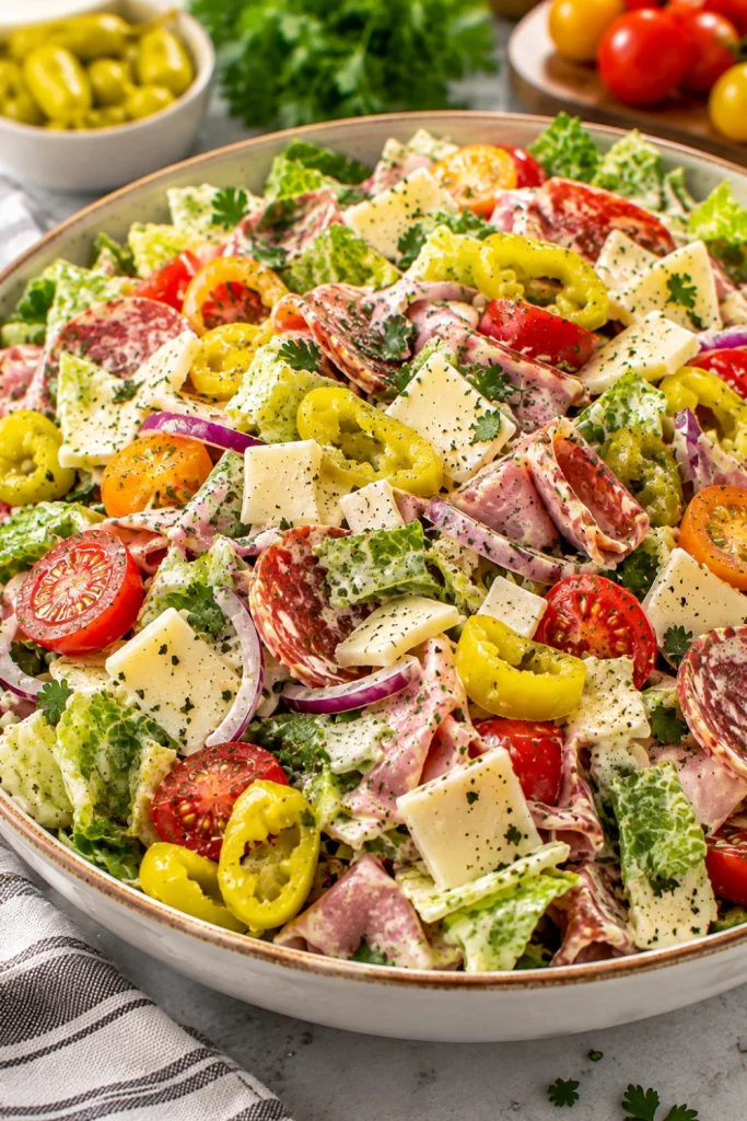 Viral-style Italian Grinder Chopped Salad for Busy Weeknights with crunchy lettuce, salami, ham, provolone, cherry tomatoes, red onion, pepperoncini, and creamy dressing.