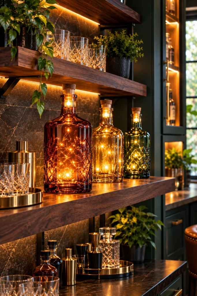 Warm LED whiskey bottle lighting for stylish home bars featuring glowing amber bottles, modern cabinetry, under-shelf illumination, and elegant accent decor.