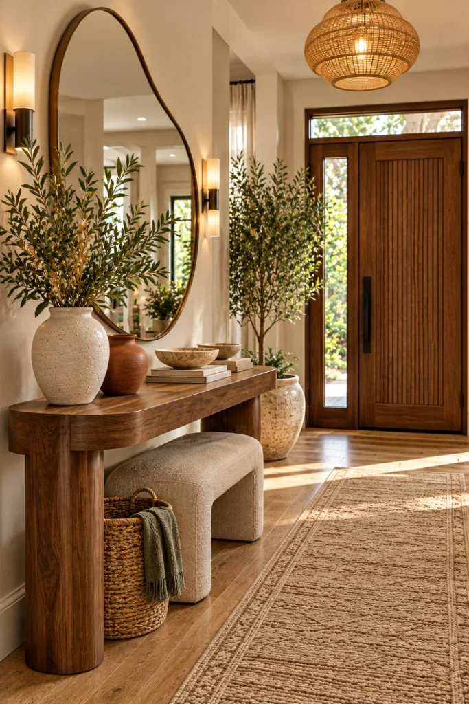 Warm modern entryway ideas featuring a natural walnut console, leafy indoor plant, woven baskets, textured neutral runner, organic mirror, ceramic accessories, and cozy contemporary foyer decor.