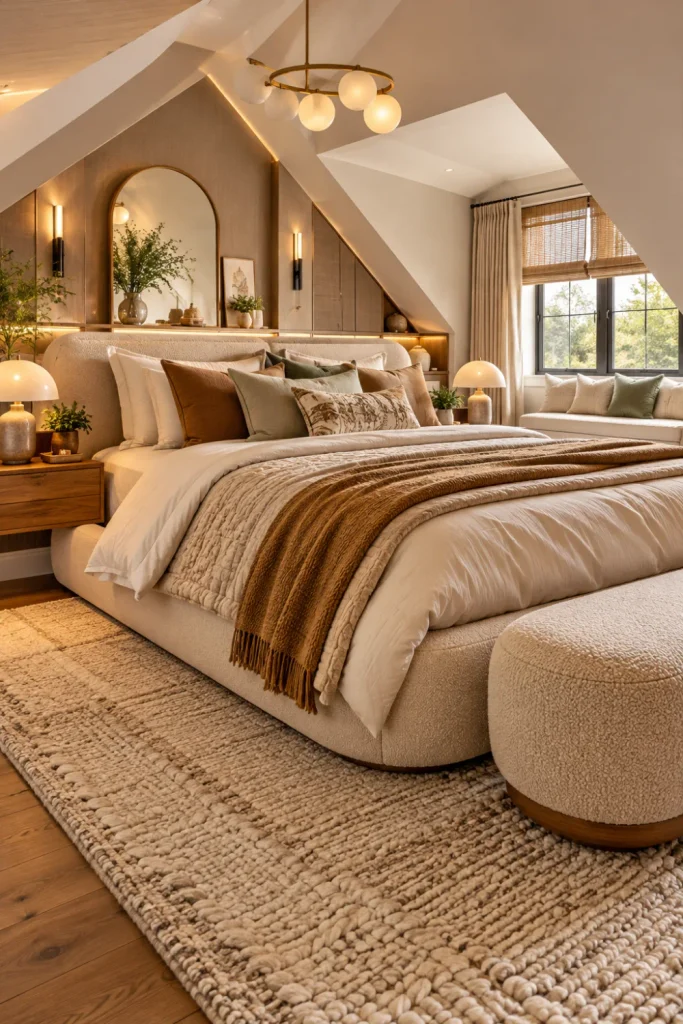 Warm neutral attic bedroom with layered ivory, oatmeal, and caramel bedding; cream upholstered bed; textured rug; natural wood furniture; sloped ceiling; and modern lighting.