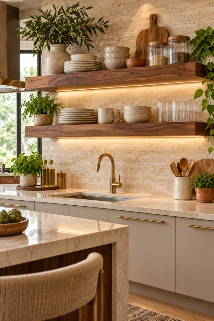 Warm wood floating kitchen shelf ideas featuring rich walnut shelves, cream ceramic dishes, natural textures, brass fixtures, and an elegant modern kitchen.