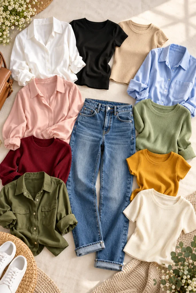 Chic tops to wear with jeans in 10 stylish color combinations, featuring white, black, beige, blush pink, blue, and other fashionable tops paired with denim jeans for effortless everyday outfits.