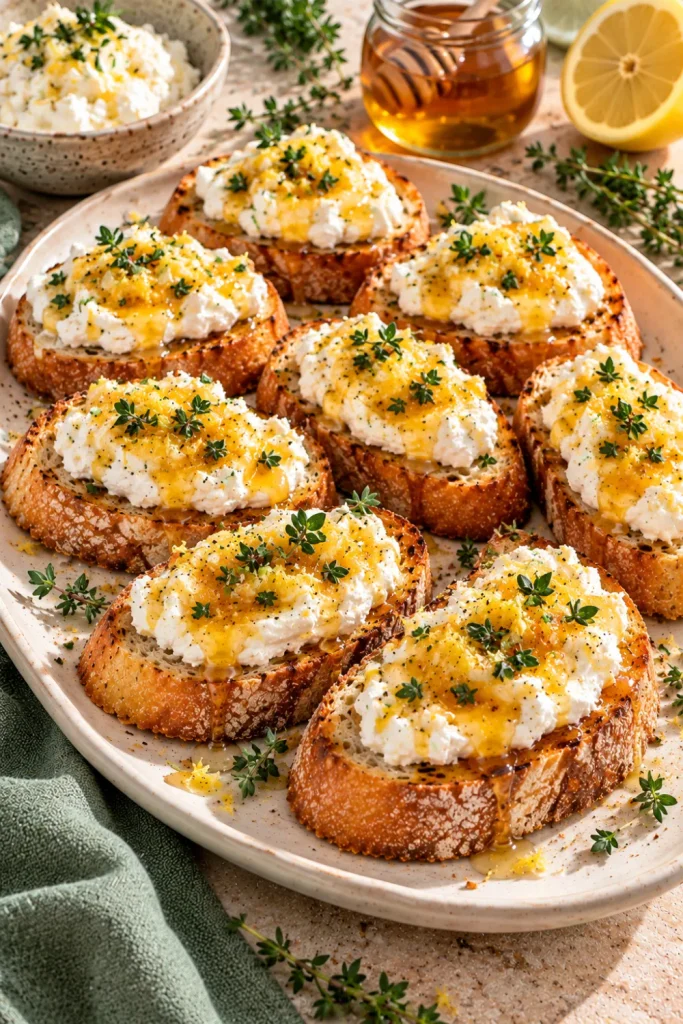 Whipped ricotta and honey bruschetta with creamy ricotta, golden honey drizzle, lemon zest, fresh thyme, and toasted baguette for easy sweet and savory party appetizers.