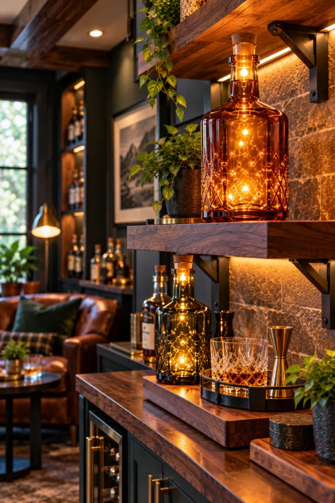 Whiskey bottle lights for man caves and small home bars featuring compact glowing amber bottles, black metal shelving, dark wood cabinetry, and warm modern accent lighting.