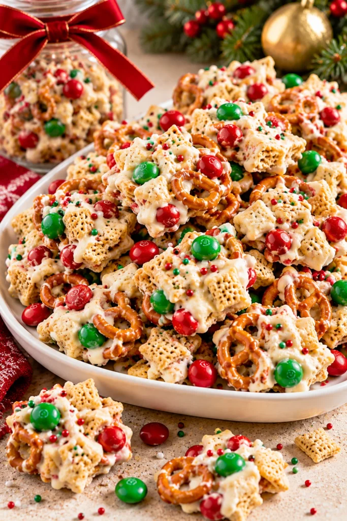 White chocolate Christmas crunch snack mix made with crispy rice cereal, mini pretzels, red and green candy-coated chocolates, and festive sprinkles, perfect for easy no-bake holiday party treats and edible gifts.