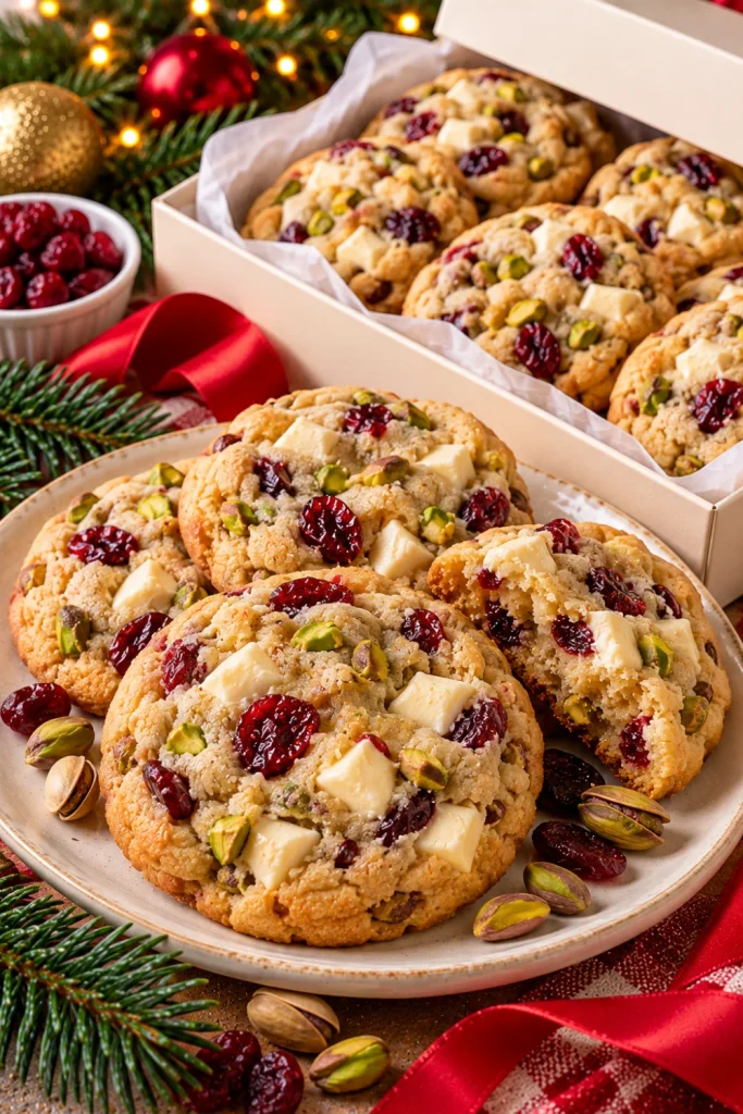 White chocolate cranberry pistachio Christmas cookies with golden chewy centers, red dried cranberries, green pistachios, and white chocolate chunks arranged in a festive gift box.