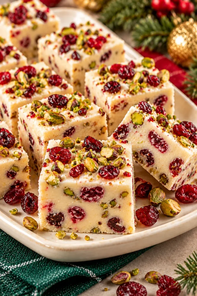 White chocolate cranberry pistachio Christmas fudge with ruby-red dried cranberries and chopped green pistachios, presented as elegant homemade holiday dessert squares.