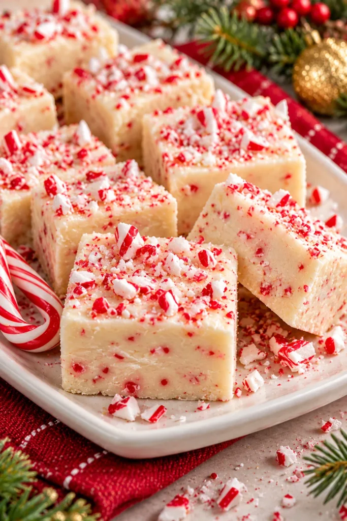 White chocolate peppermint Christmas fudge topped with crushed red-and-white candy canes, cut into creamy holiday squares for Christmas dessert trays, festive parties, and edible gifts.