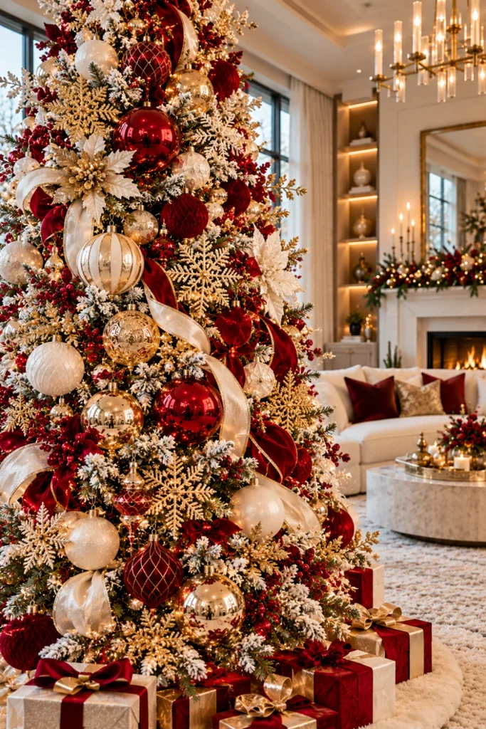White, red, and gold Christmas tree ideas featuring frosted evergreen branches, ruby-red glass baubles, champagne-gold ornaments, ivory decorations, warm-white lights, and an elegant contemporary winter-wonderland living room.