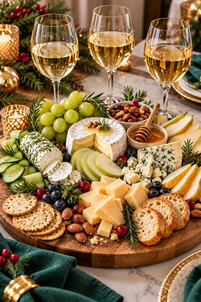 White wine and cheese pairing board with goat cheese and Sauvignon Blanc, Brie and Chardonnay, and blue cheese with Riesling, served with green grapes, apples, pears, crackers, and honey.