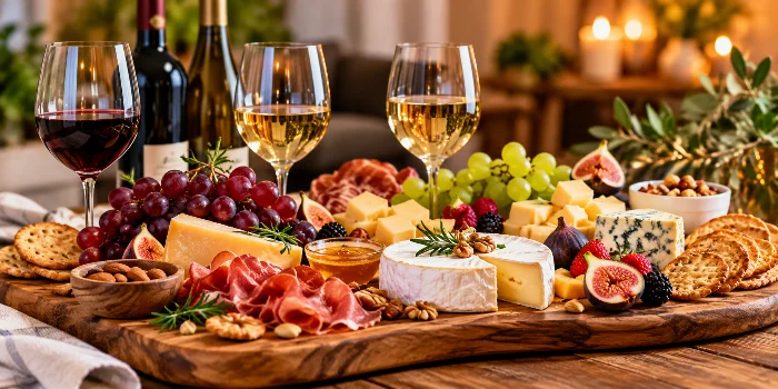 Wine and cheese tasting at home party setup with red and white wine, a gourmet cheese board, grapes, fresh figs, crackers, cured meats, and nuts for an elegant wine tasting party.