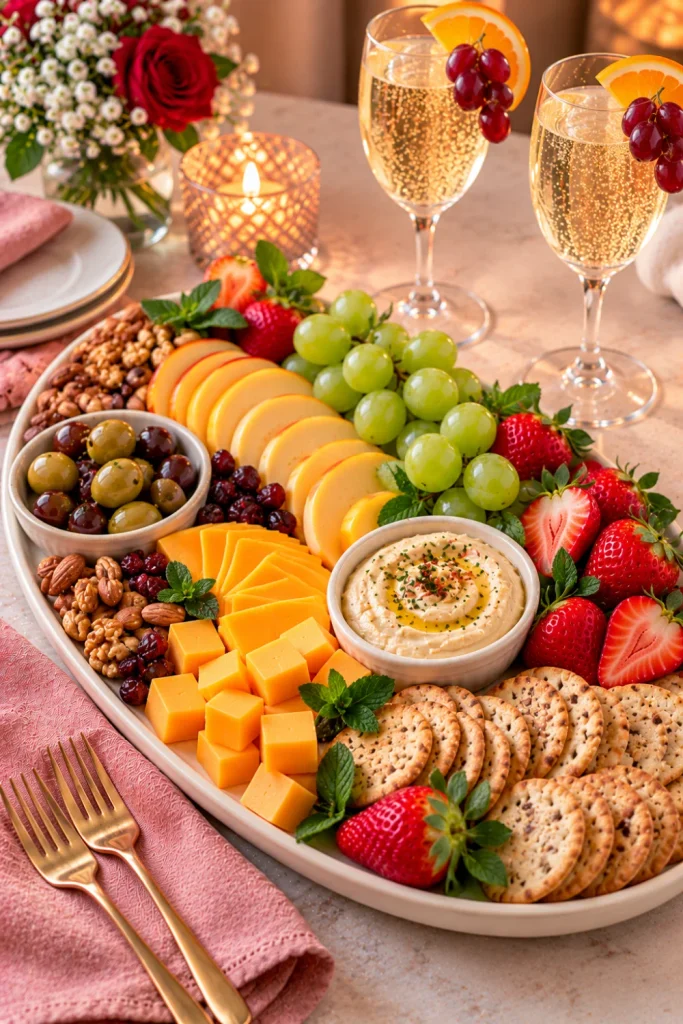 Wine-free romantic charcuterie board with gouda, cheddar, strawberries, grapes, crackers, olives, creamy hummus, and sparkling grape juice for an alcohol-free date night.