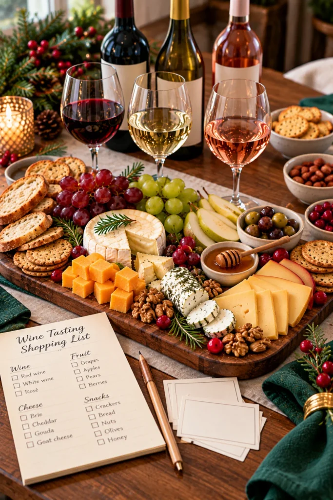 Wine tasting party menu and shopping list setup with Brie, cheddar, Gouda, grapes, crackers, three wine varieties, tasting cards, and Christmas-inspired table accents.