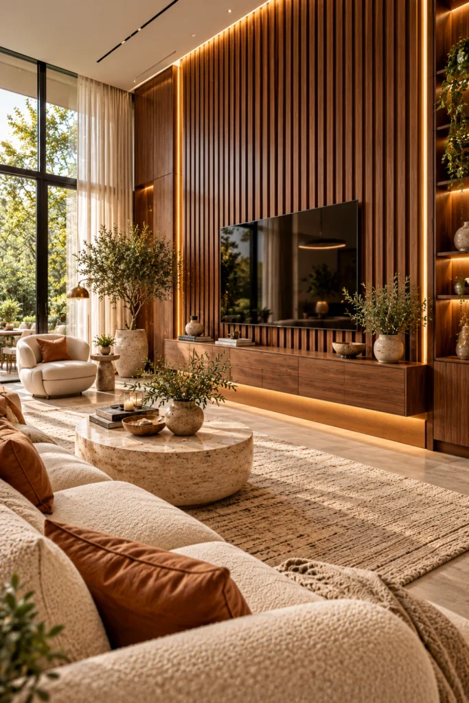 Modern luxury living room with a floor-to-ceiling walnut wood slat accent wall, integrated warm LED lighting, a floating media console, neutral designer furniture, and contemporary organic decor.