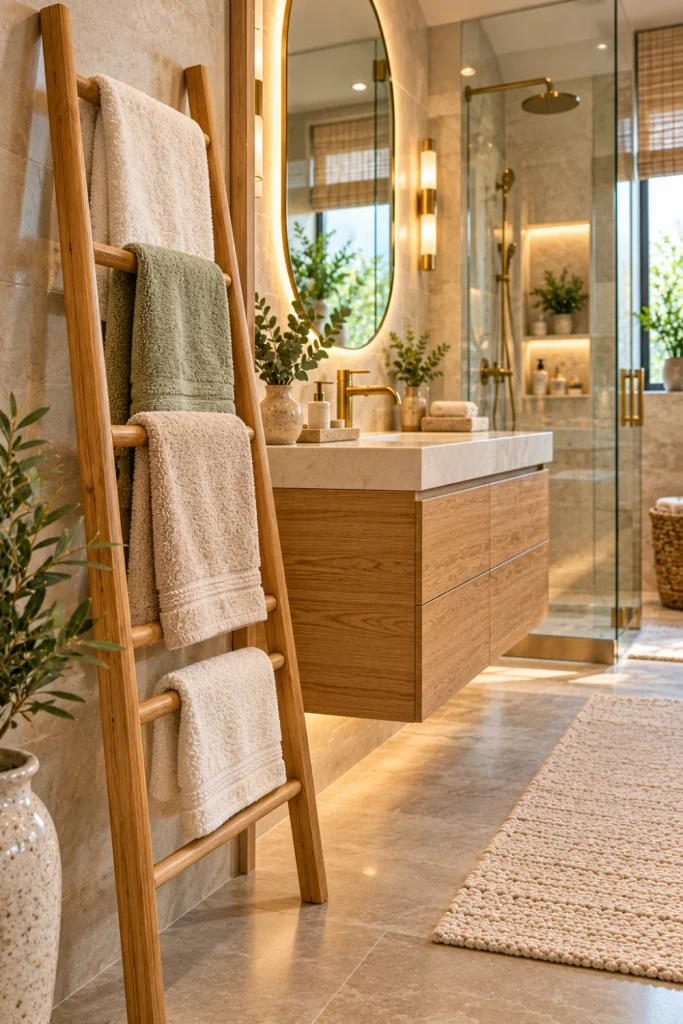 Modern luxury bathroom featuring a natural oak ladder towel rack with neatly draped ivory and beige towels, warm wood cabinetry, a frameless shower, elegant brass fixtures, and soft natural lighting.