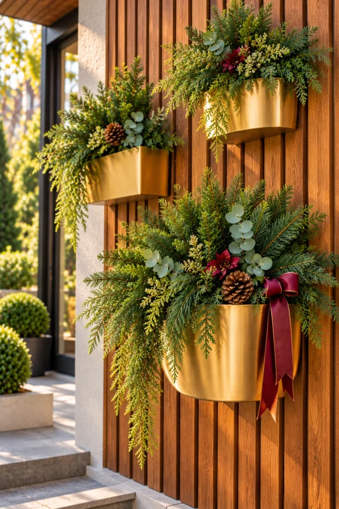 Contemporary wooden wall panels decorated with elegant gold Christmas wall planters filled with lush green evergreen foliage, creating a sophisticated natural backdrop for modern outdoor holiday decor.