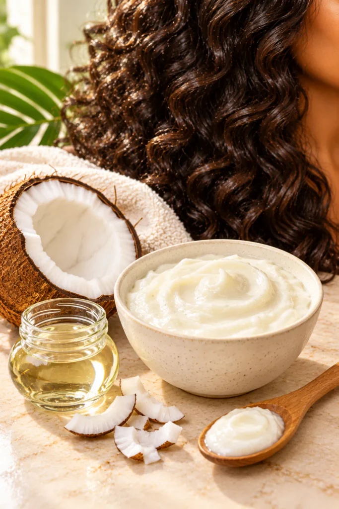 Creamy homemade yogurt and coconut oil hair mask for dry hair, served in a ceramic bowl with fresh coconut and glossy dark curls.
